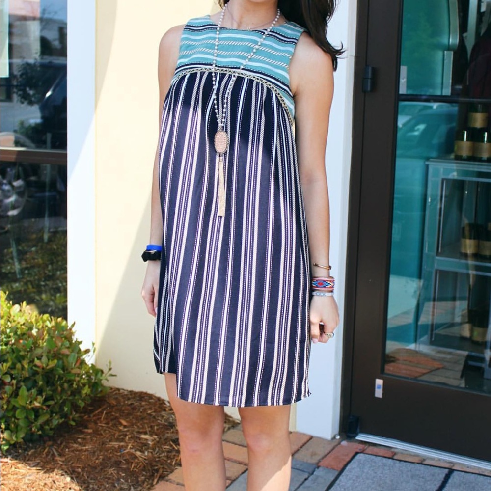 THML Embroidered Striped Babydoll Flowy Dress